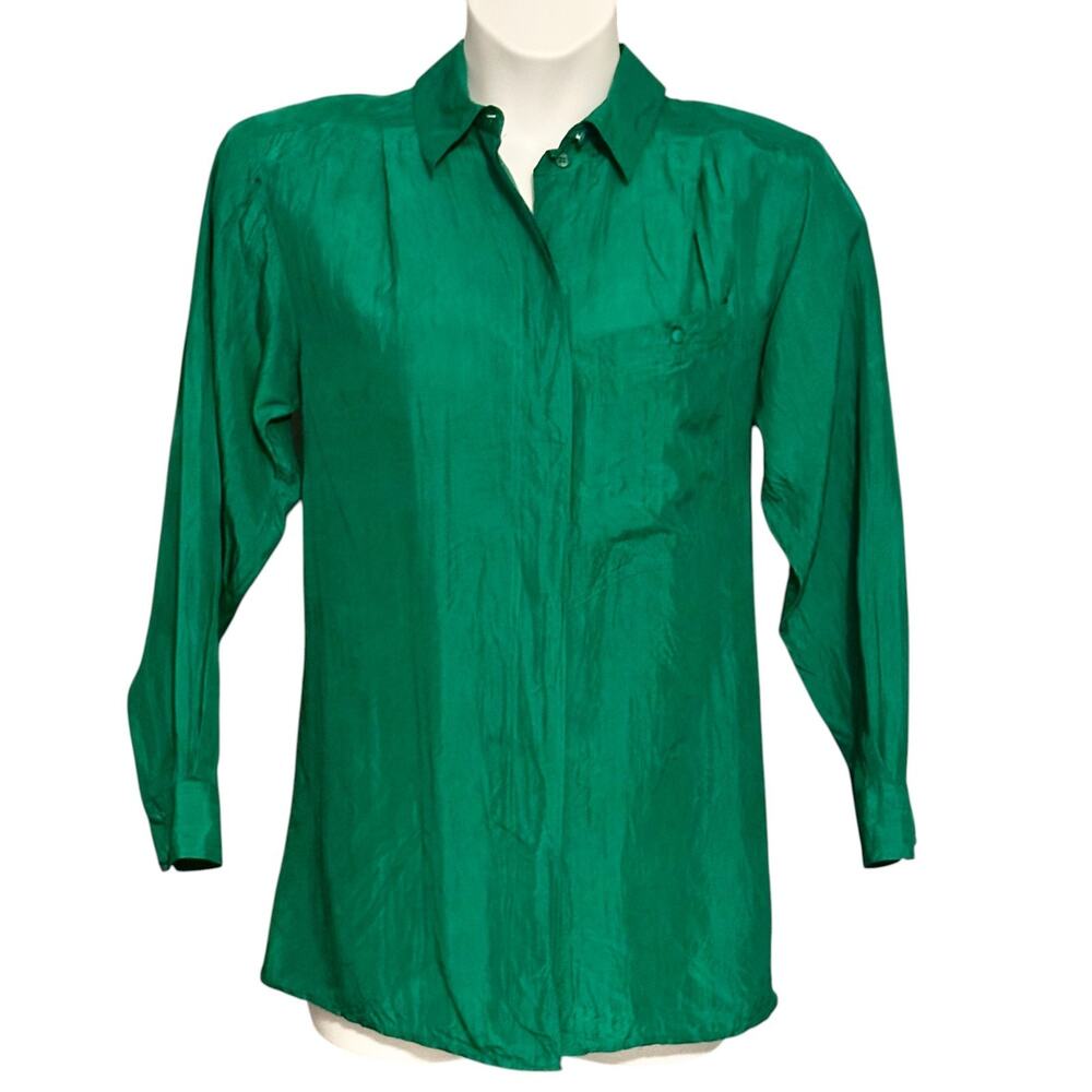 Vintage 80s CARRY BACK Silk Button Front Shirt Long Top Sz 8 Vibrant Green Retro
